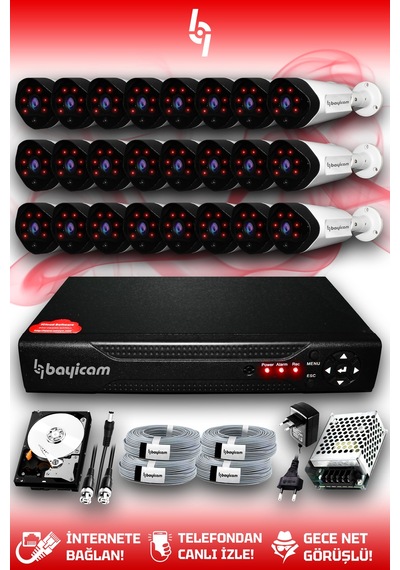 Bayicam 24 Kameralı Uzay 24 Dış Kamera Set 2 TB HDD Full HD Gece Görüşlü Güvenlik Kamerası Sistemi