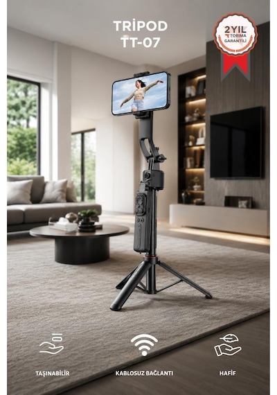 Tripod 360 Yüz Takipli Akıllı Gimbal Çok Amaçlı Kumandalı 1.76 Cm Selfie Çubuğu Tt07 Siyah