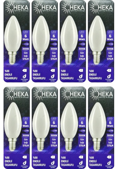 8 Adet Heka 6w 51w 3000k Günışığı E14 Duylu İnce Duy Soft Mum Ampul