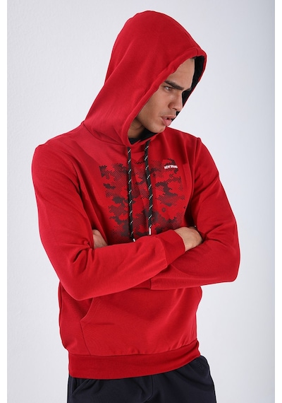 Tommy Life Kırmızı Kamuflaj Desen Baskılı Standart Kalıp Kapüşonlu Erkek Sweatshirt - 87884 Kırmızı