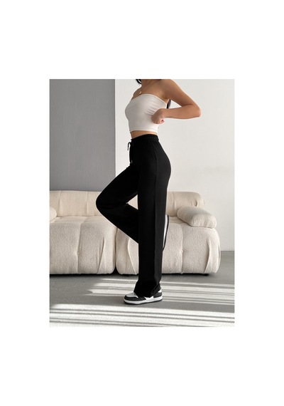 Winmoda34 Kadın Trend Bol Paça Modal Kumaş Eşofman Altı Çift Cepli Wide Leg Siyah