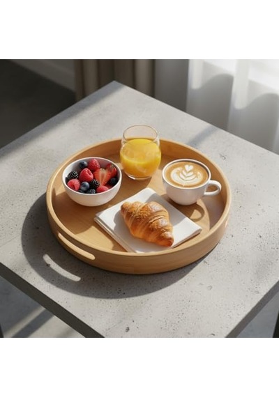 Ayrex Taşıma Kulplu Yuvarlak Bambu Tepsi 30 Cm Doğal Ahşap Servis Tepsisi Kahve, Kahvaltı Ve Dekoratif Masaü