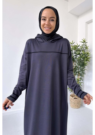 Kahijab Kapüşonlu Merserize Elbise - Füme