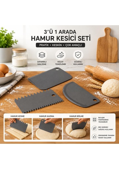 3 Lü Hamur Pasta Kesici Kazıyıcı Dilimleyici Şekillendirici Plastik Aparat Asortili Çok renkli
