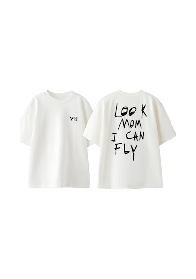 Thewert Look Mom I Can Fly Tasarım Sırt Baskılı Pamuk Beyaz Oversize T-shirt