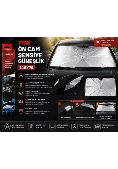 Trm Ön Cam Şemsiye Güneşlik 140x79 Cm Katlanabilir Metalize Araç Güneş Koruyucu