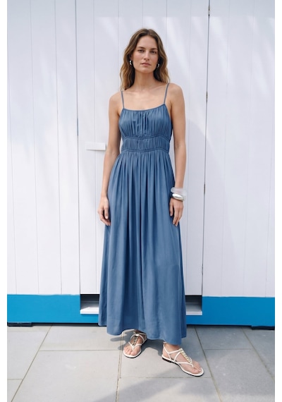 Sateen Askılı Uzun Elbise - İndigo-137496 Indigo