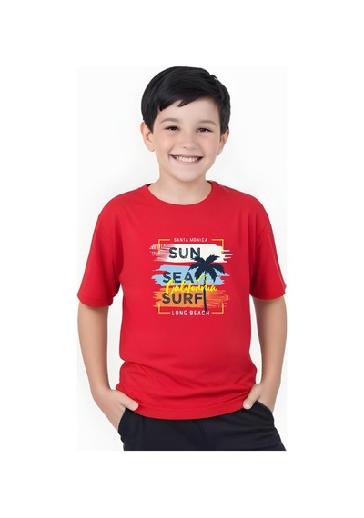 Panios Kids California Sun Baskılı Erkek Çocuk Kısa Kollu Yuvarlak Yaka T-shirt Kırmızı