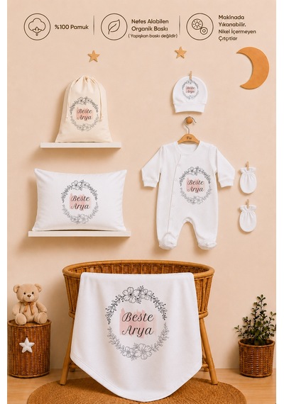 Pia Baby İsme Özel Hastane Çıkışı %100 Pamuk Kız Bebek Organik Baskılı Tulum Set Keseli Hediyelik 2035tybk3x Krem