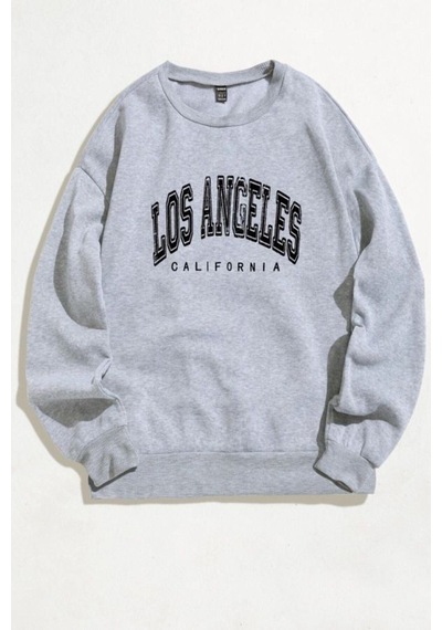 Los Angeles Yazı Tasarım Sweatshirt - Gri Baskılı Oversize Kalın Kışlık Bisiklet Yaka Gri