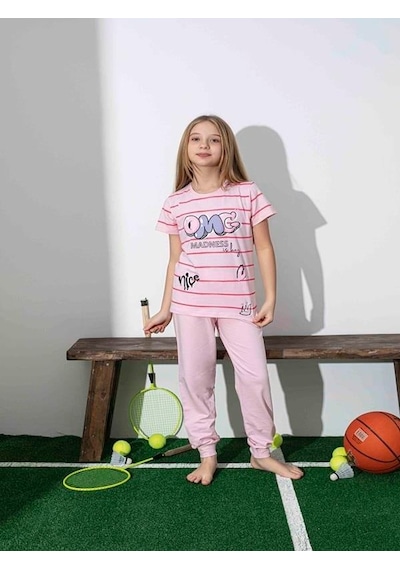 Kız Çocuk Desenli Pembe Pijama Takımı-1259 Pembe