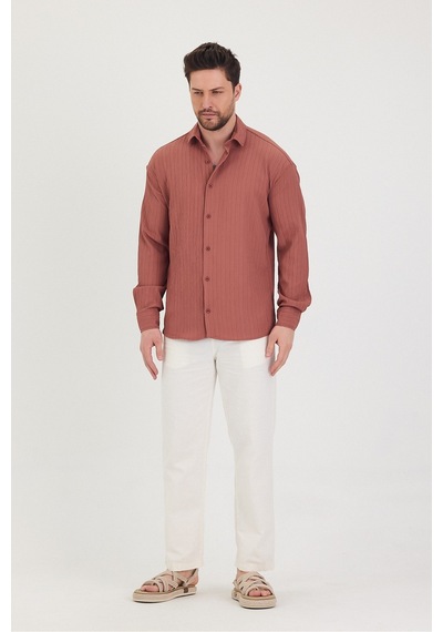Tarz Cool Erkek Kendinden Çizgi Detaylı Slim Fit Dar Kalıp Uzun Kol Gömlek Gülkurusu