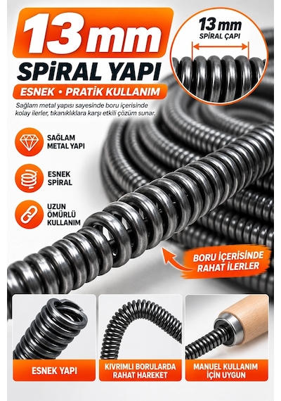 13 Mm 10 Metre Kanal Açıcı Spiral Ahşap Saplı Manuel Gider Açma Teli, Lavabo Ve Boru Temizleme S