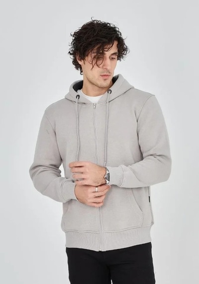 Vexor Unisex Tam Fermuarlı Kapşonlu Sweatshirt - Boyalı Gri