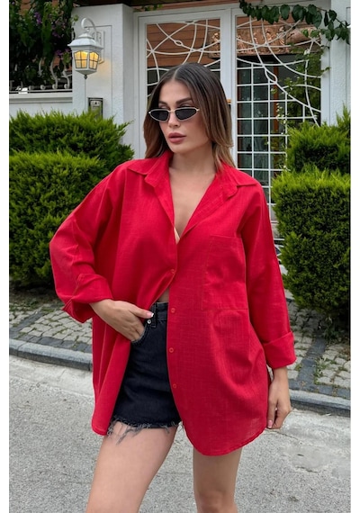 Rouge Basıc Oversize Keten Dokulu %100 Pamuk Salaş Gömlek Kırmızı