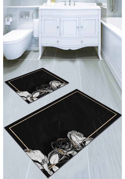 Siyah Çiçekli Banyo Halısı Klozet Takımı Paspas Seti Bs014n11