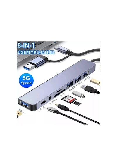 8 İn 1 Type-c Usb Hub Çoklayıcı Usb 3.0, Usb 2.0, Sd, Tf, Ses, Type-c Dönüştürücü-4938