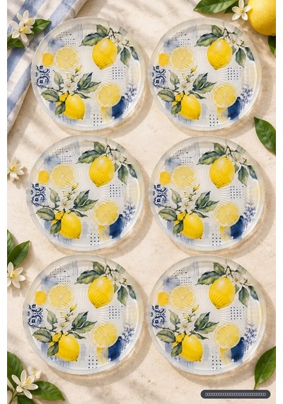 6 Lı Cam Tatlı Tabağı Limon Desenli Mavi Akdeniz Esintili 16 Cm, 6 Adet Tatlı Tabağı