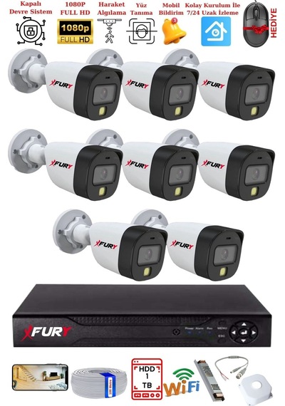 Fury 8 Kameralı 5mp Lens 2 Mp Görüntü Gece Renkli Full Hd Ultra Led Akıllı Güvenlik Kamerası Seti 1 Tb