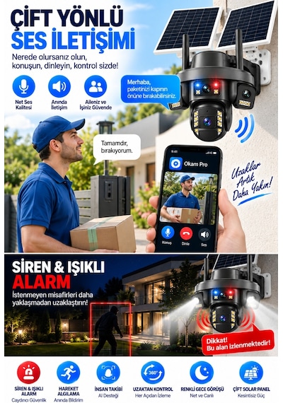 Premium 16mp 4g Solar Güvenlik Kamerası Çift Panel Ptz İnsan Takip Renkli Gece Görüş Ip66 Okam Pro