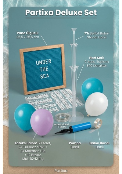 Deniz Kızı Deniz Altı Doğum Günü Süsleme Deluxe Set Mavi Keçe Yazı Panosu Standlı Pompa Balon Zincirli 7 Li Şeffaf Balon Standlı 1 - 12 Yaş