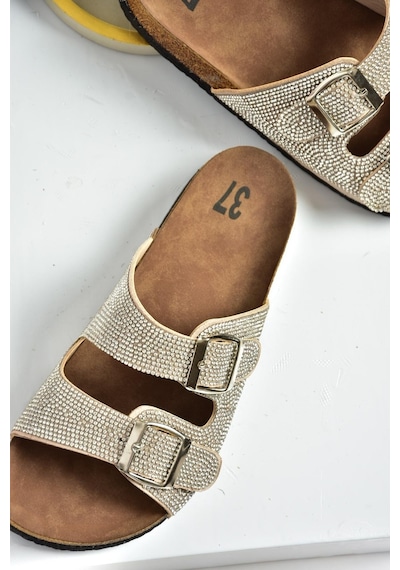 Fox Shoess777527502 Bej Süet Taşlı Kadın Terlik Bej