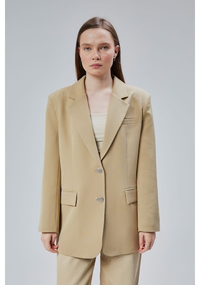 Kadın Oversize Düz Kesim Astarlı Dokuma Blazer Ceket Haki