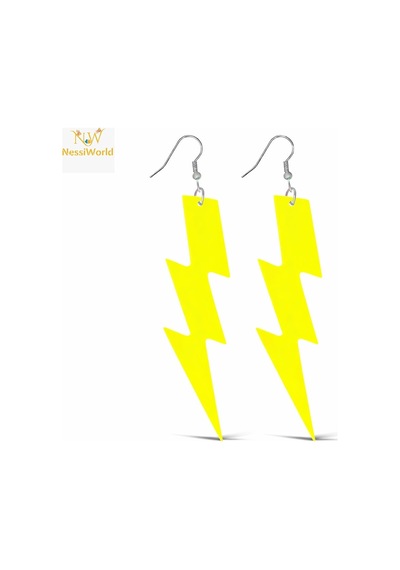 80 Ler 90&amp 39 Lar Retro Neon Sarı Şimşek Küpe 10 Cm