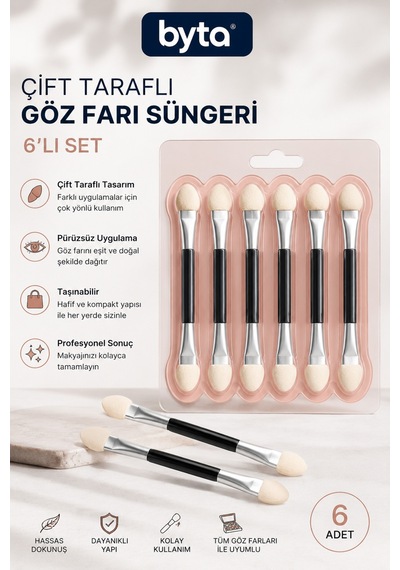 Çift Taraflı Göz Farı Aplikatörü 6 Lı Set Sünger Uçlu Far Fırçası Makyaj Aparatı