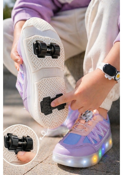 Muggo Sky Çocuk Işıklı Patenli Tekerlekli Sneaker Spor Ayakkabı Lila