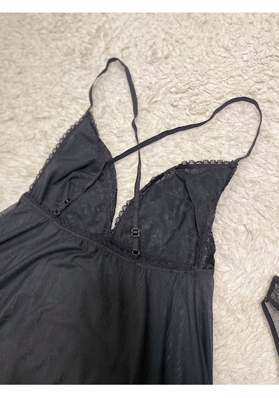 Siyah Dantel Detaylı Tül Babydoll Takım