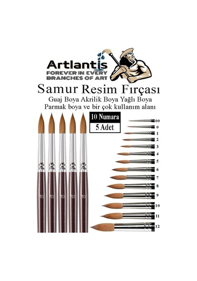 Resim Fırçası 10 Numara 5 Li 1 Paket Samur Yuvarlak Uçlu Fırça Seti Guaj Sulu Akrilik Yağlı Boya Fırçaları