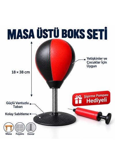 Masaüstü Vakumlu Vantuzlu Yaylı Boks Topu Pompa Hediyeli Boks Torbası Hız Topu Ev Ofis Çocuklar Yetişkinler İçin Kırmızı - Siyah
