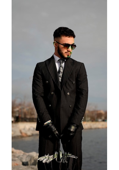 Dupont Classics Dupont Erkek Slim Fit 6 Drop Çizgili Kruvaze Viskon Çift Yırtmaç Takım Elbise Siyah