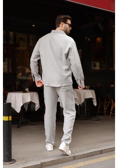 Madmext Boyalı Gri Gömlek Pantolon Erkek İkili Takım E7322 Gri
