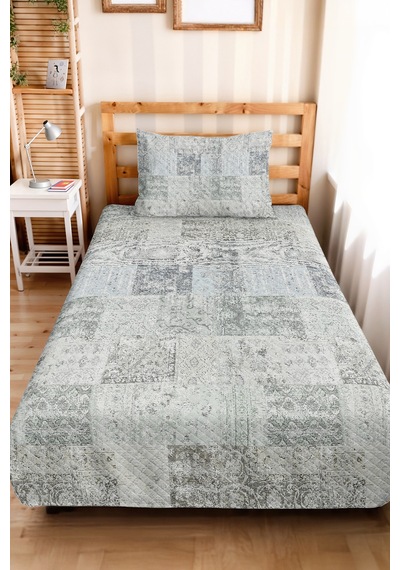 Vintage Patchwork Mavi Tek Kişilik Pike Takımı - Eskitme Bohem Gri 160x220 Cm Kapitone Yatak Örtüsü Kuşluk Yağmur Nüansı