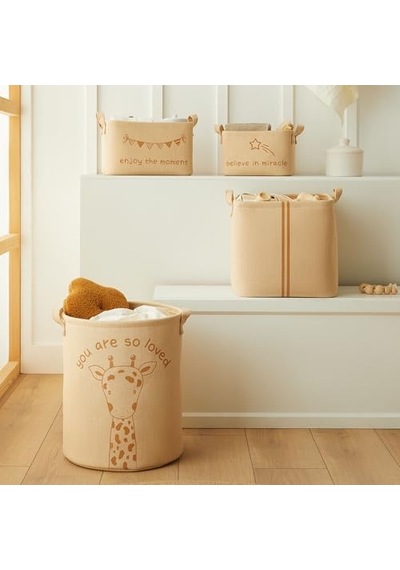 Ocean Home Textile 4'lü Çocuk Odası Sevimli Zürafa Jüt Keten Kumaş Sepet Set Çok Renkli