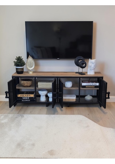 Dekoratif Metal Gövdeli Ahşap Raflı Tv Ünitesi 3 Raflı 4 Kapaklı Tv Sehpası 150 X 36 Cm Televizyon Ünitesi Siyah