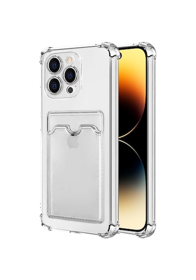 Apple Uyumlu iPhone 14 Pro Max Kılıf Darbe Emici Köşe Korumalı Kartlıklı Cüzdanlı Silikon Kapak Şeffaf