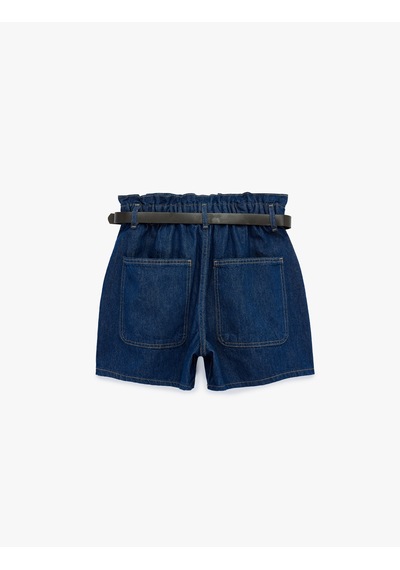 Koton Yüksek Bel Cepli Pamuklu Kemerli Denim Şort Koyu İndigo 6sal40038md