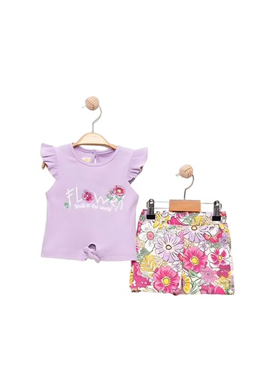 Miniğimin Cicileri Flower Renkli Baskılı Kız Çocuk Şortlu Takım - Lila
