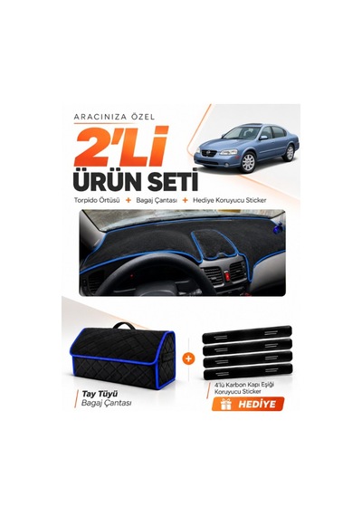 Nissan Maxima A33 1999-2003 Uyumlu Torpido Örtüsü + Tay Tüyü Bagaj Çantası + Sticker - Siyah Mavi