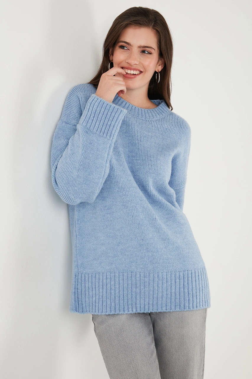 Lela Regular Fit Bisiklet Yaka Basic 2'Li Paket Triko Bayan Kazak 4616213S2 Bebe Mavi-Haki