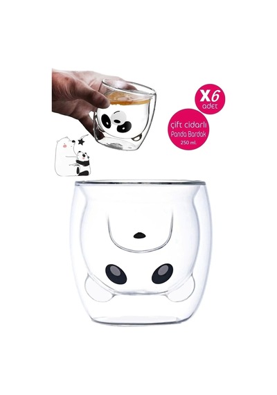 6'lı Panda Çift Cidarlı Bardak Süt Çay Kahve Su Bardağı 250ml Isı