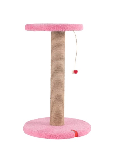 Stepli Kedi Yüzlü Platform Tırmalama Tahtası, Gri Peluş Kaplı, Sisal İpli, Oyuncaklı Pembe
