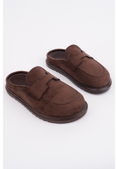 Muggo Vintage Süet Deri Günlük Rahat Önü Kapalı Kadın Loafer Terlik Kahverengi