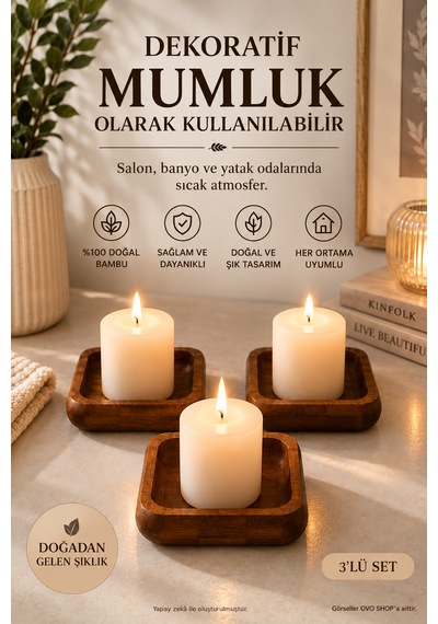 Bambu Kare 3'lü Çerezlik Kahverengi