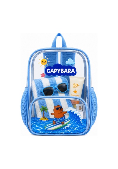 Capybara Lisanslı Şeffaf Çocuk Çantası - Hafif Ve Dayanıklı Şeffaf Sırt MAvi