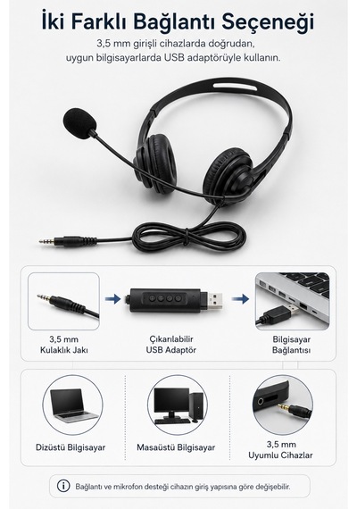 Mikrofonlu Kablolu Bilgisayar Kulaklığı 3,5 Mm Jack Ve Çıkarılabilir Usb Adaptörlü, Çift Kulaklı, Ayarlanabilir Ofis Ve Eğitim Kulaklığı Siyah