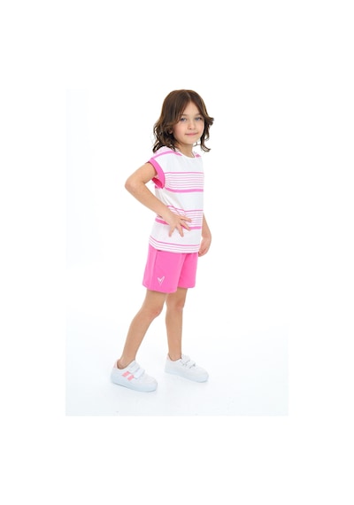 Toontoy Kids Toontoy Kız Çocuk Çizgili Kalp Nakışlı Şortlu Takım Fuşya